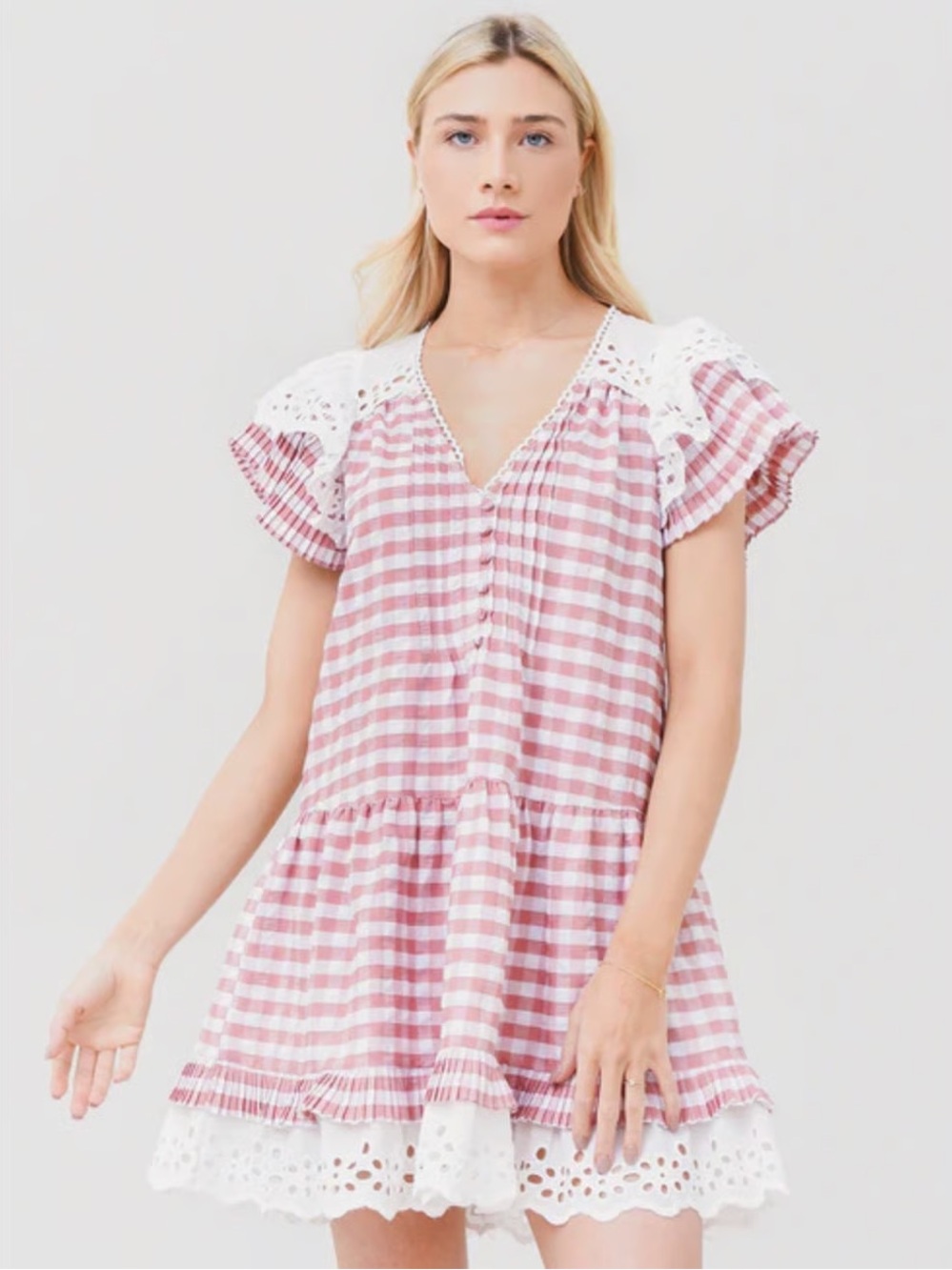HUNTER BELL Pink and White Gingham Eyelet Trim Mini Dress